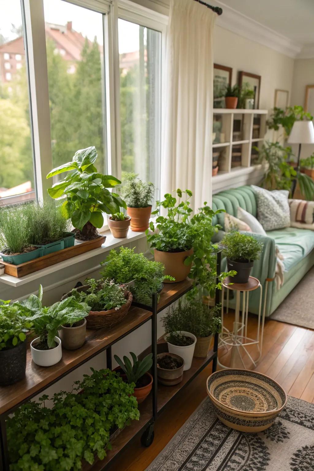 A collection of potted plants and herbs introduces a natural touch to the living area.