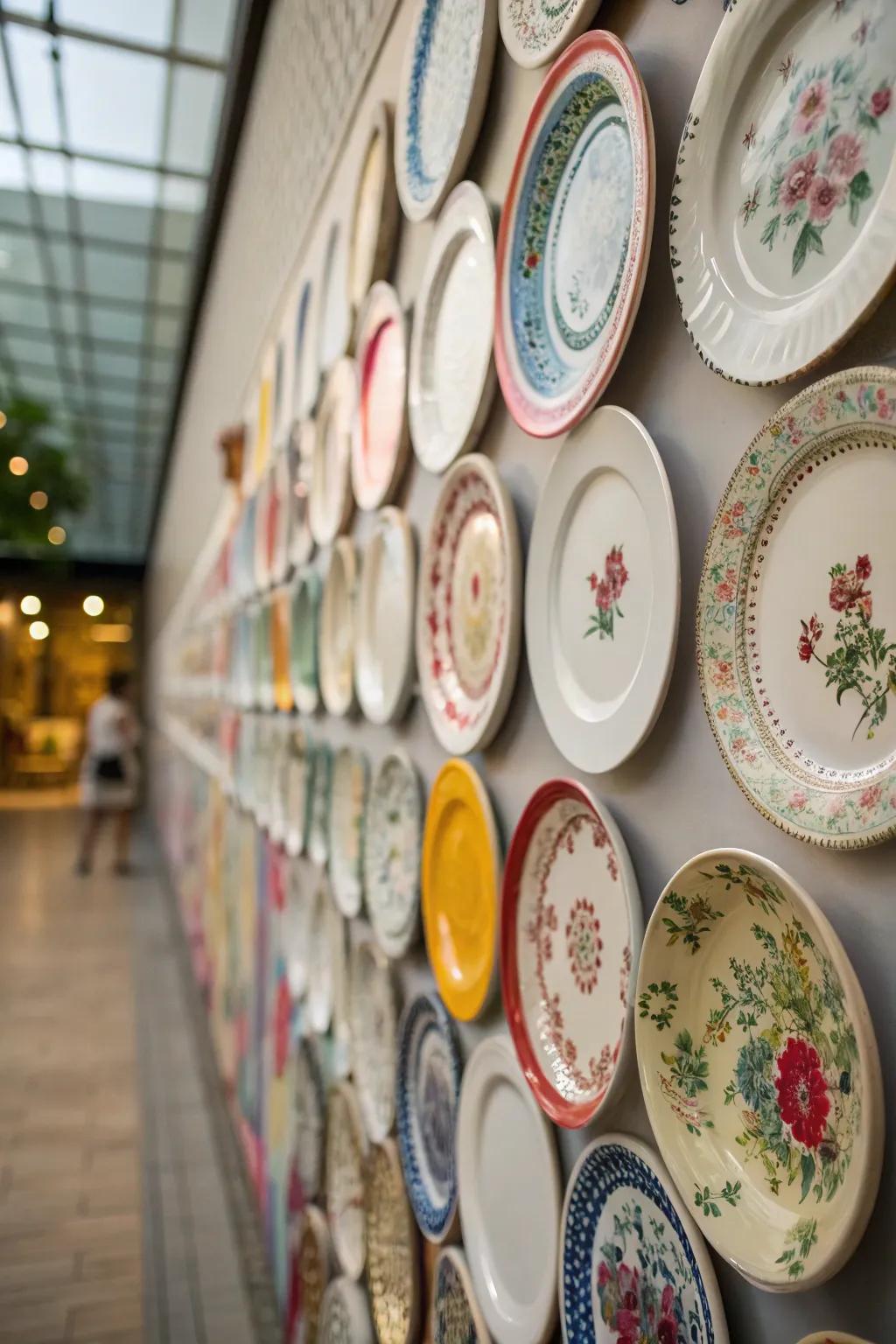 A striking wall exhibit featuring an assortment of china plates in an artistic pattern.