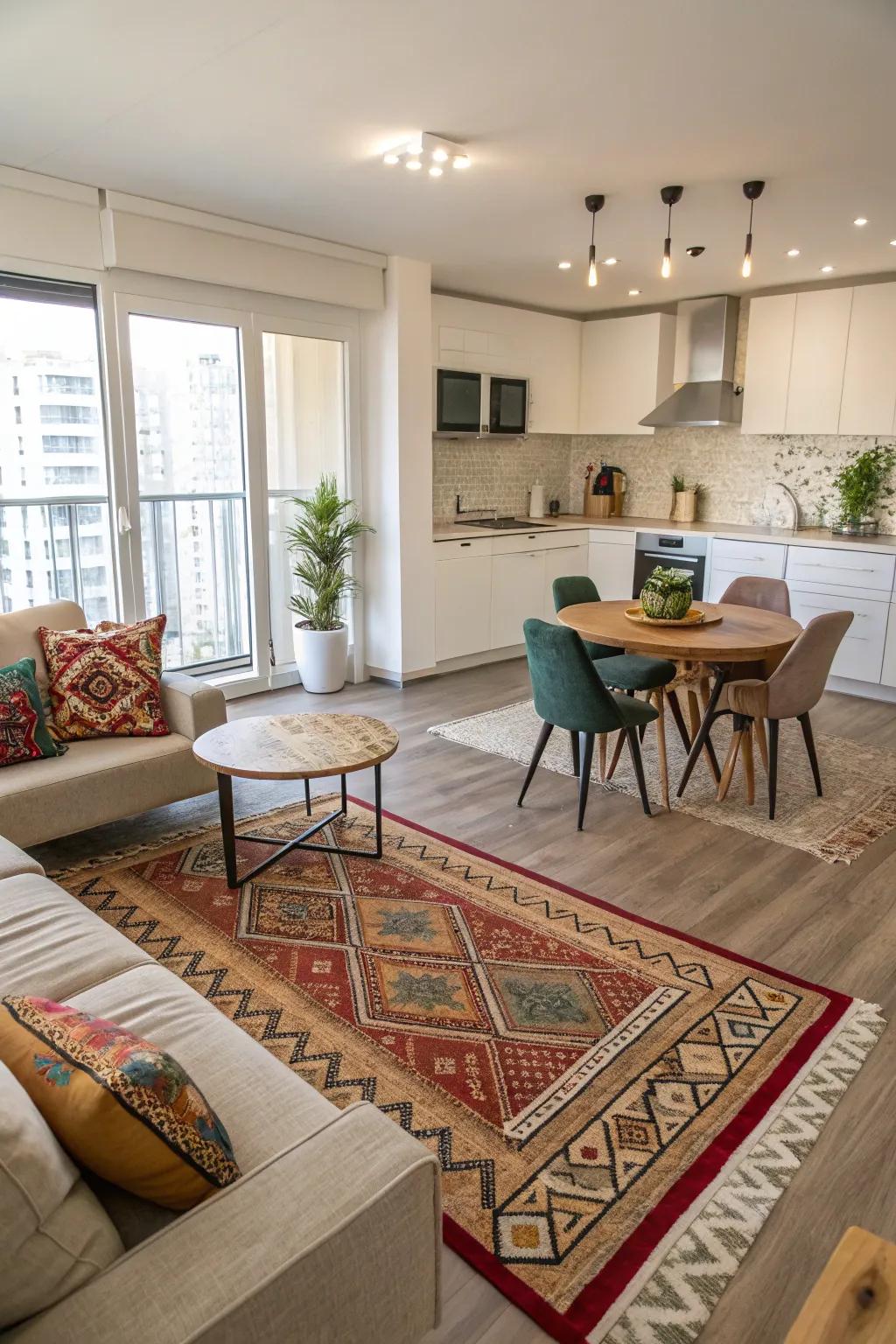An open-concept space with living and workspace areas clearly defined.