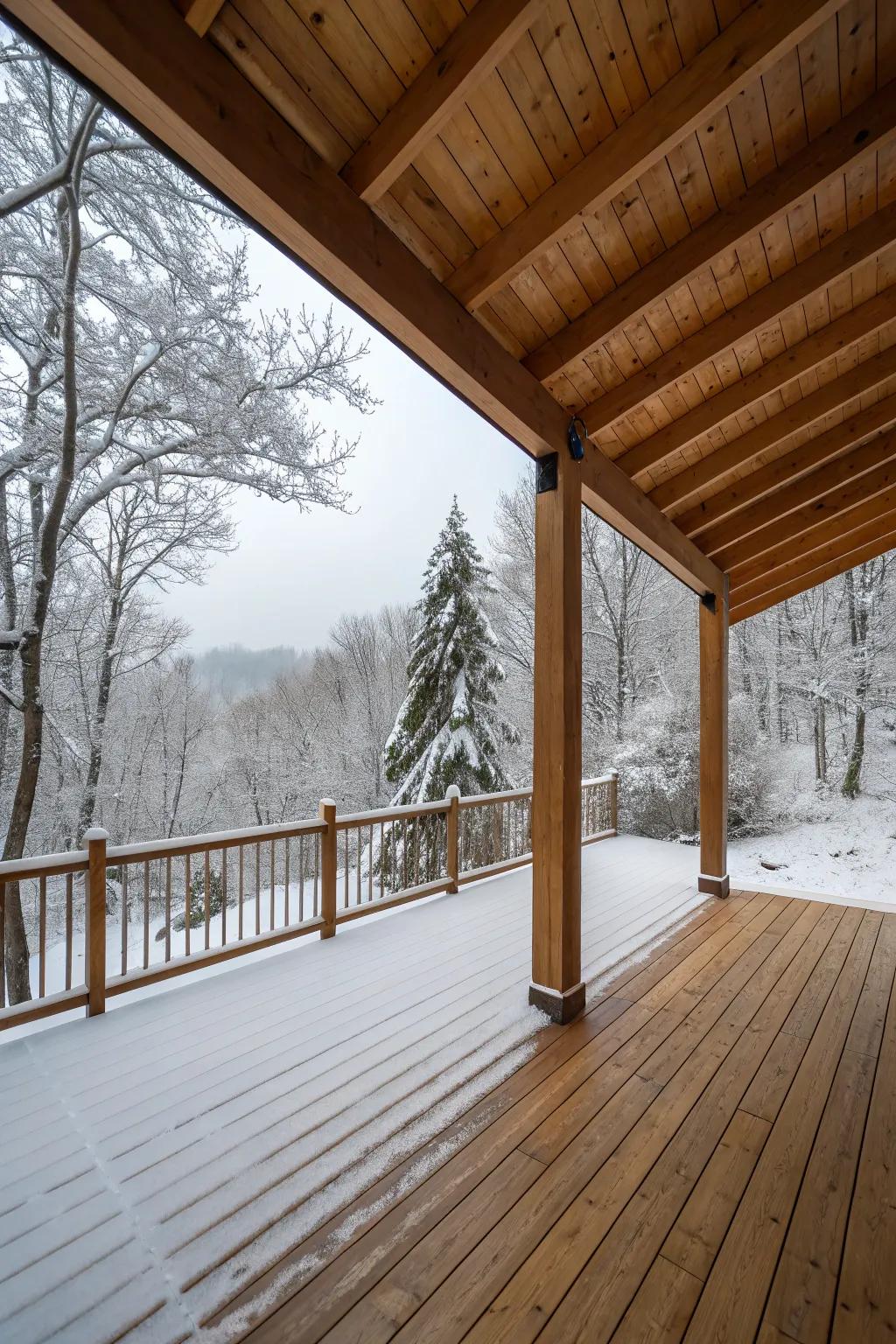 Solid roof structures provide robust protection for winter decks.