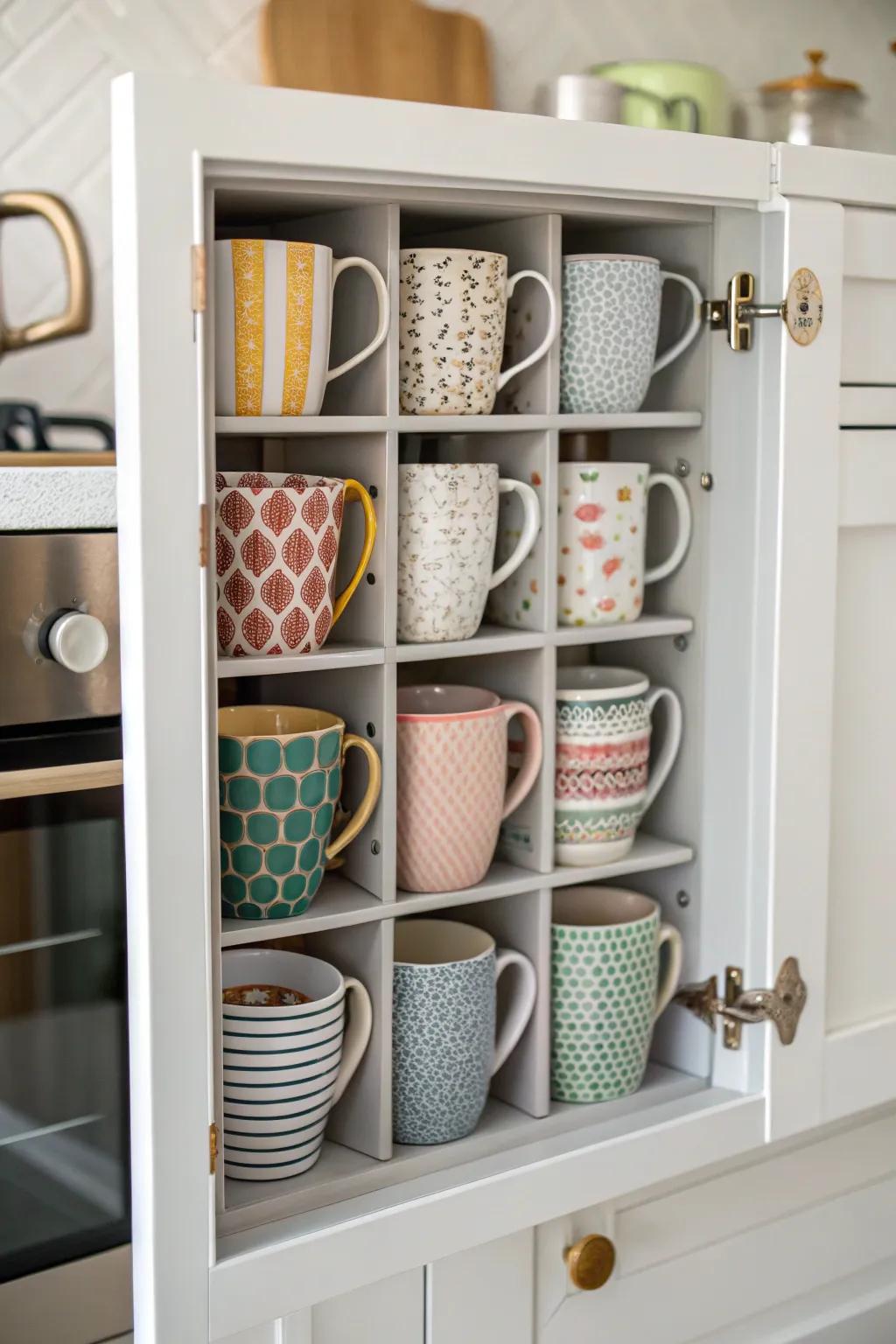 Utilize cabinet door space with mug racks.