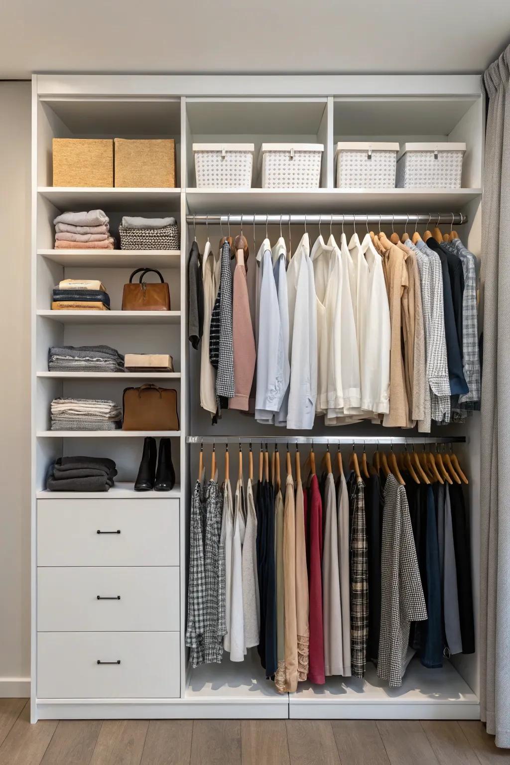 A minimalist wardrobe with tidy, organized clothing.