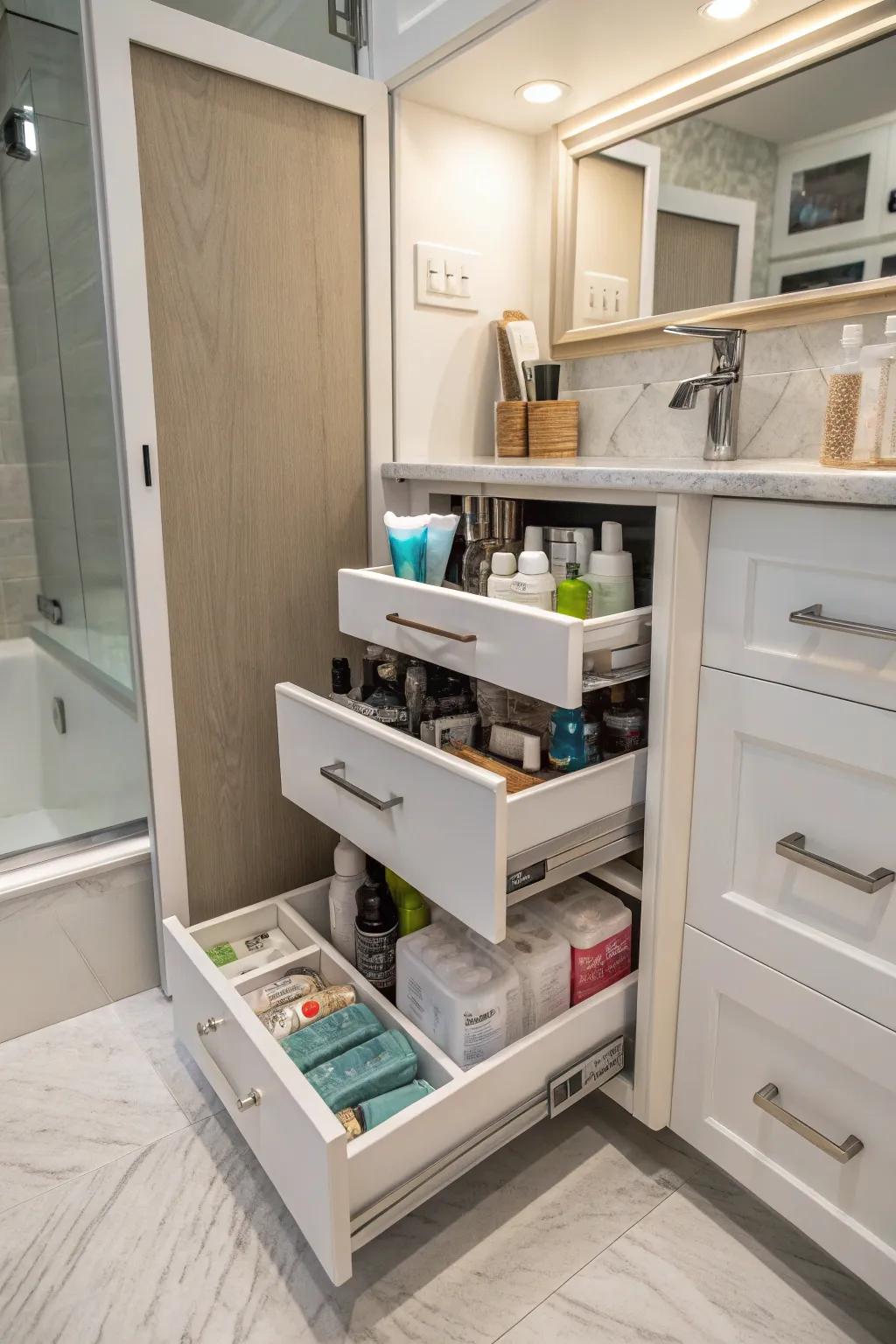 Deep cabinet fitted with pull-out drawers, providing effortless access to items stored in the back.