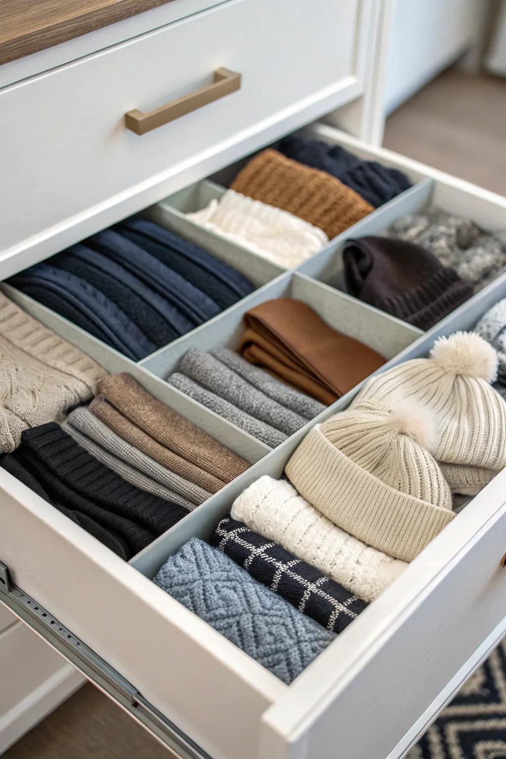 Sorted stowage for streamlined and straightforward retrieval of dresser drawer constituents.