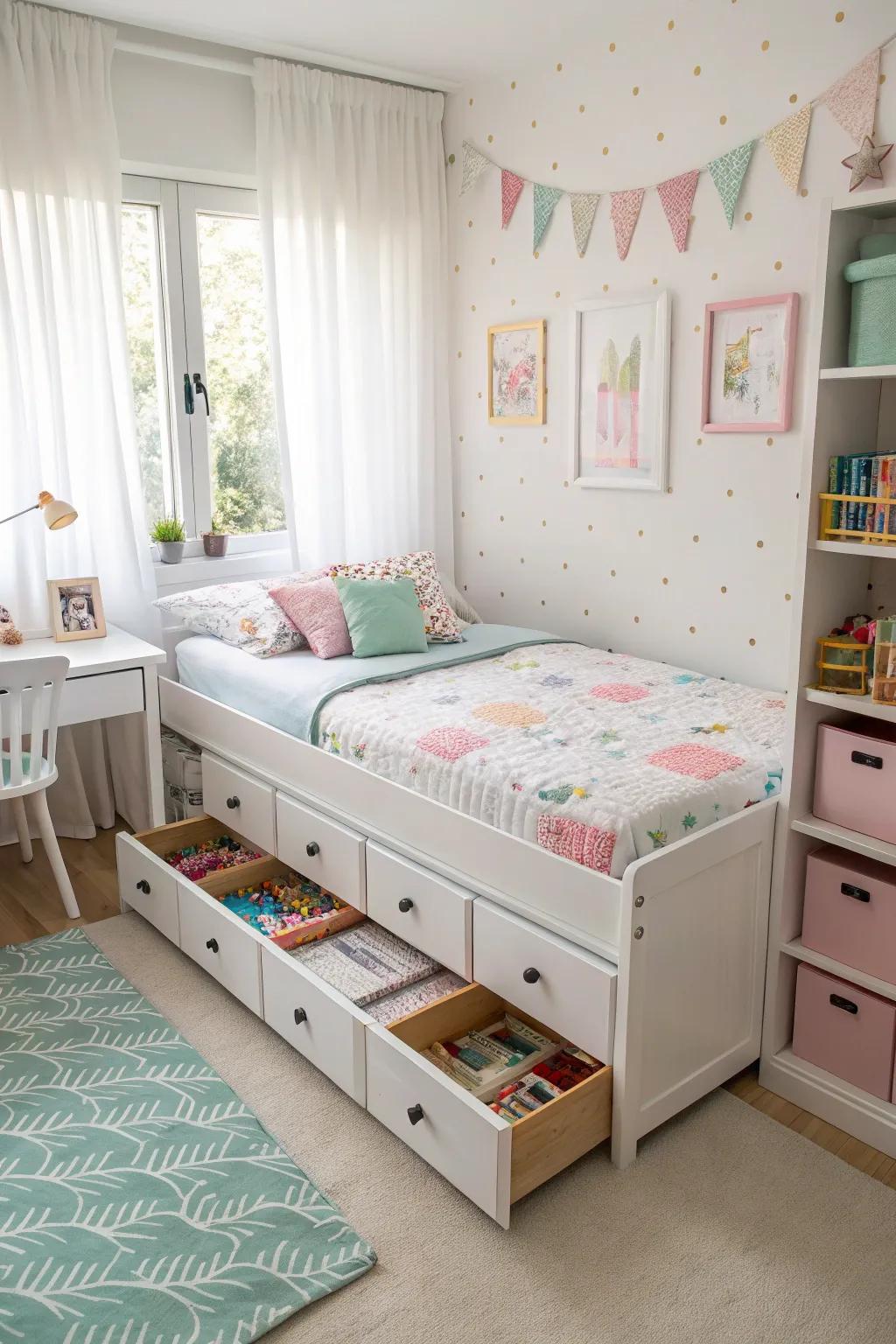 Furniture that does more helps get the most storage in a child's room.