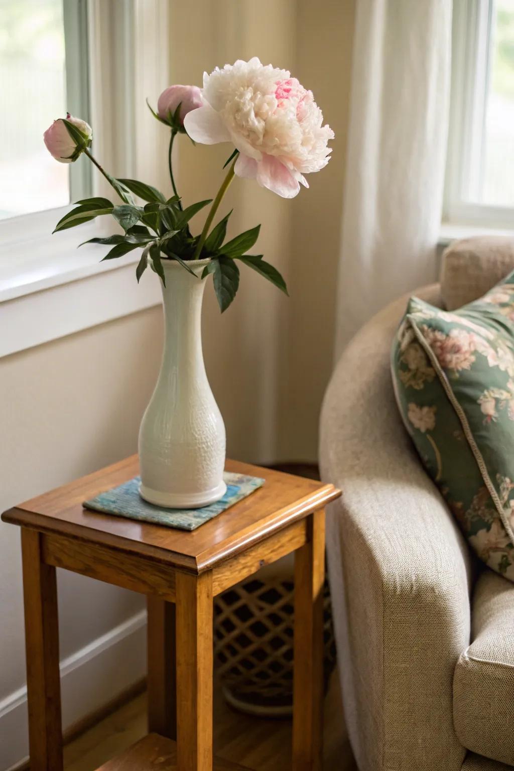 A minimalist setting showcasing a solitary peony in a slender container.