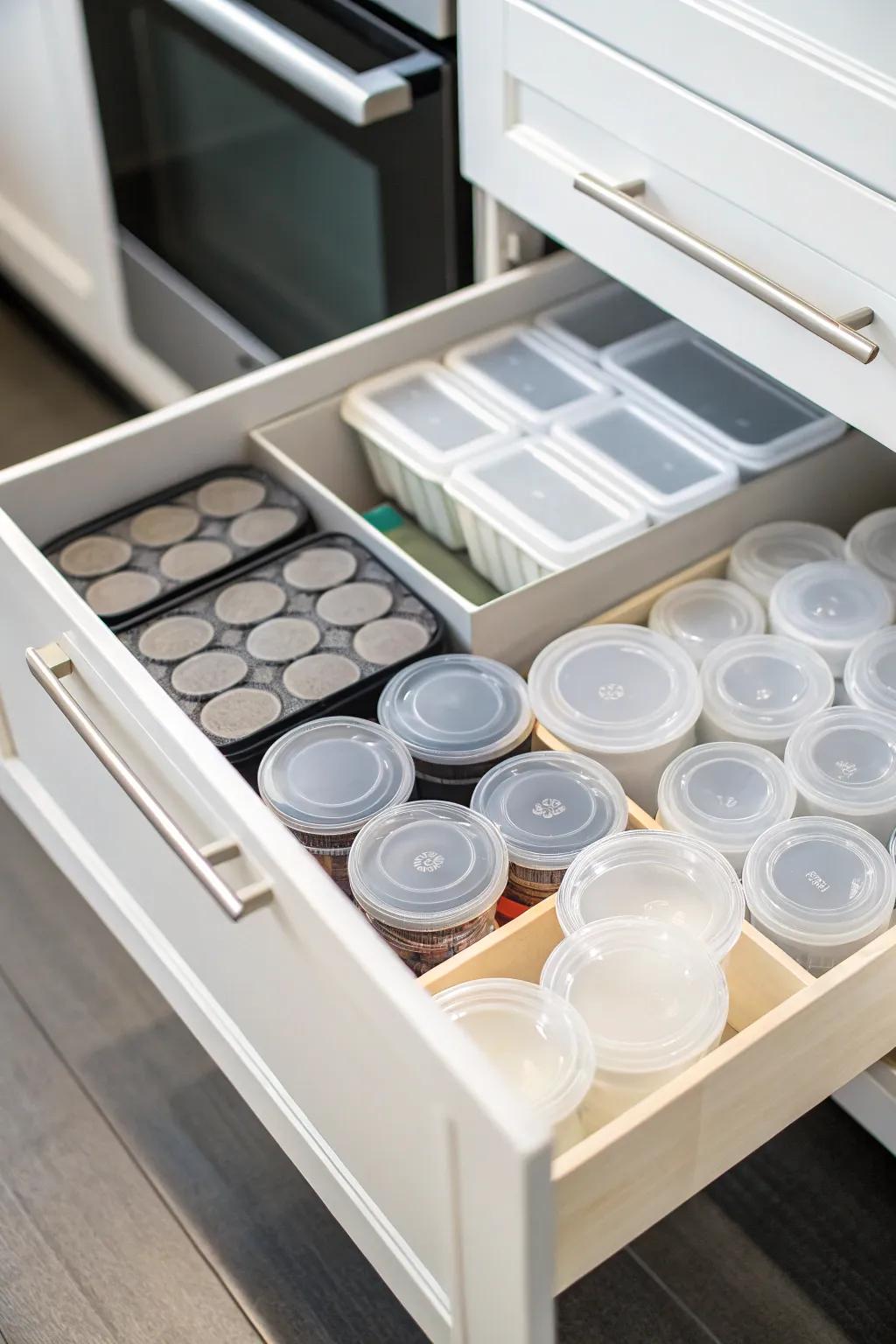 Drawer featuring dividers creating specialized compartments for plastic containers and lids.