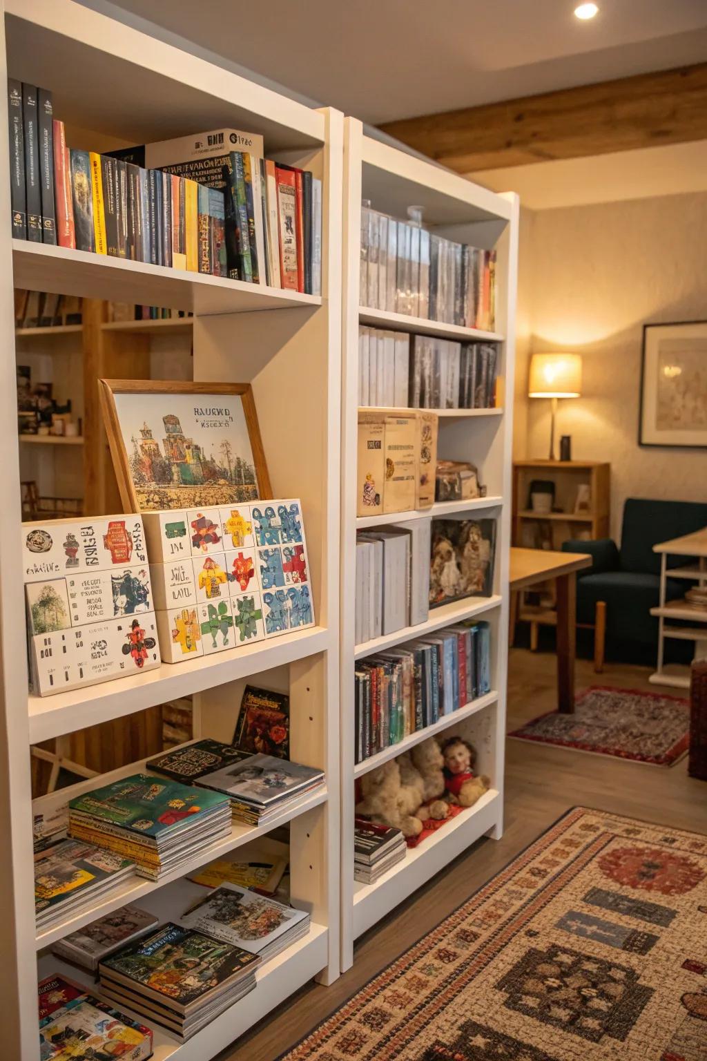 Puzzles displayed beautifully on a shelving unit.