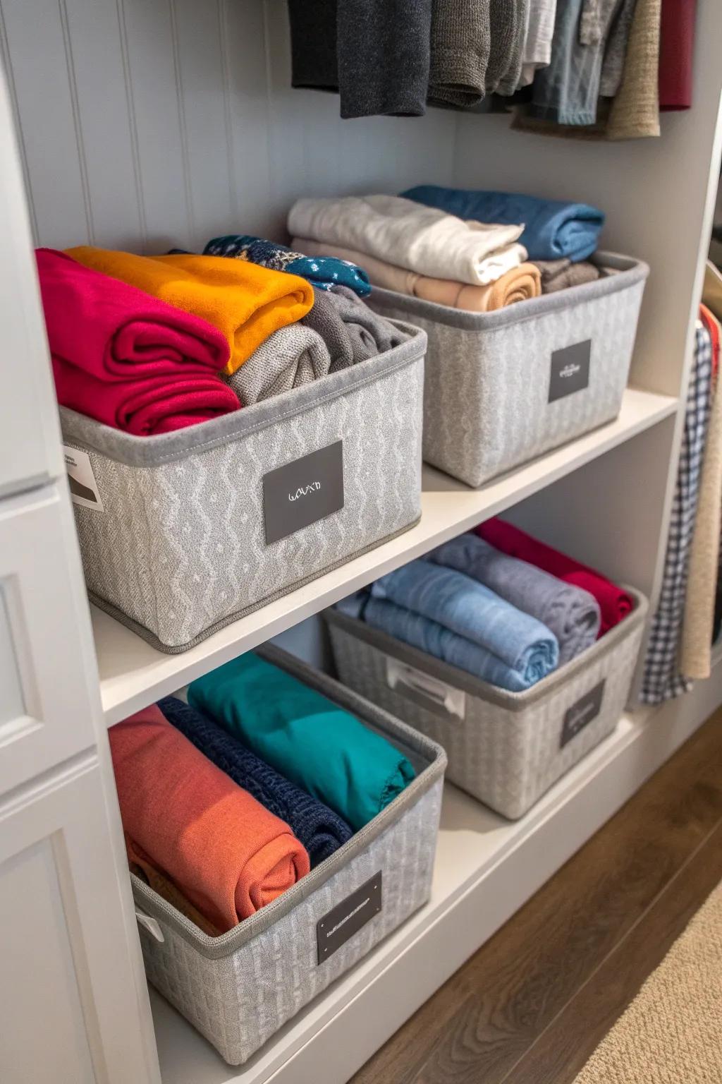 Employ labeled bins to keep your sweatshirts neatly categorized.
