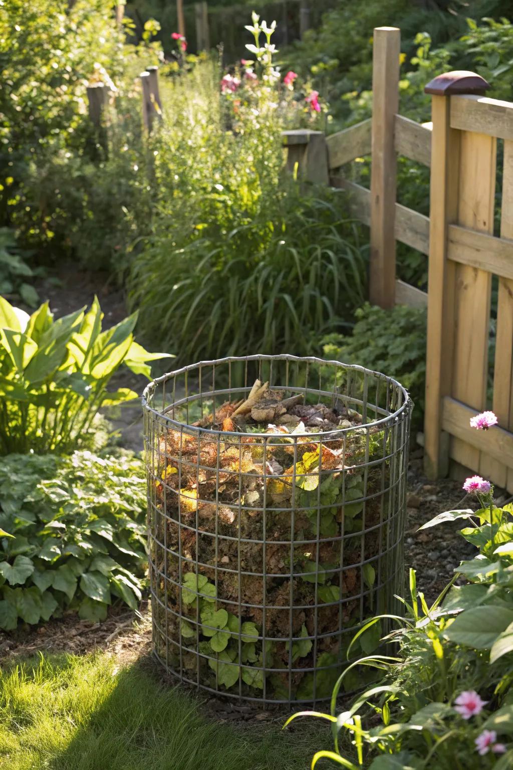 A wire mesh style composter is ideally placed to achieve optimum air flow and rapid composting.