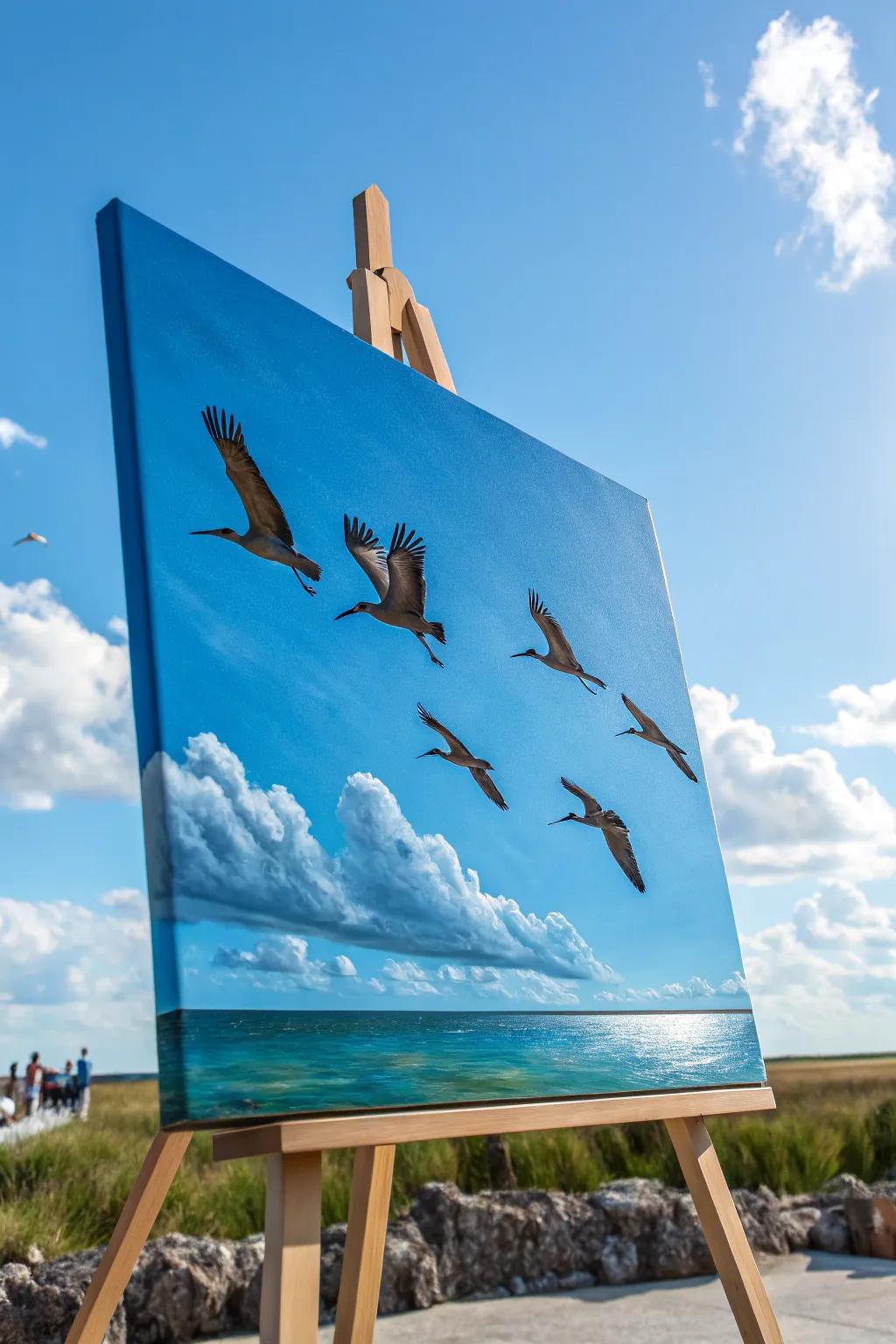 Illustrates birds soaring, capturing a sense of freedom.