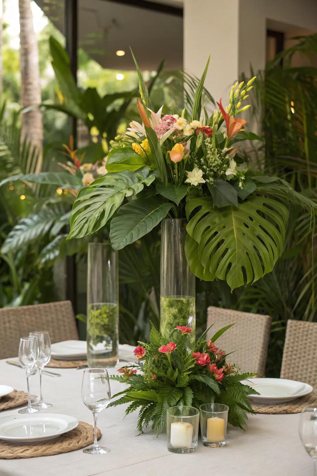 Windproof candle holders surrounded by abundant greenery, offering a natural aspect to any scene.