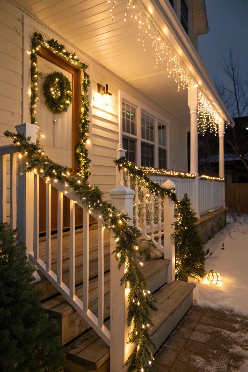 An entranceway decorated with a wreath and dazzle drops, ideal for holiday occasions.