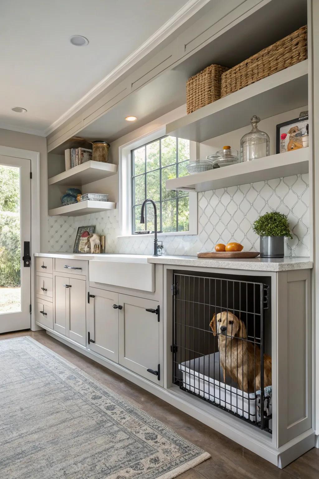 A hidden gem: your dog's kennel cleverly incorporated into kitchen cabinets.