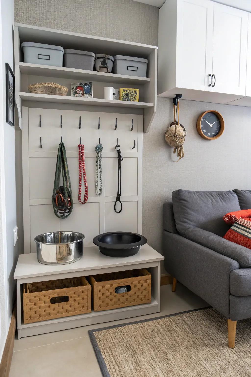 Efficient wall-mounted organizers for arranging your pet’s necessities.