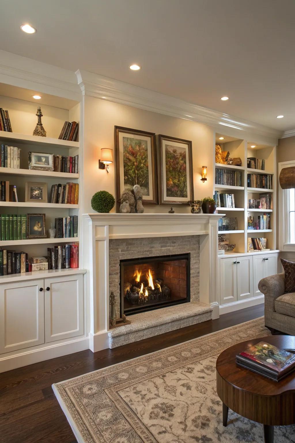 A living area showcasing a fireplace bordered by integrated shelving filled with books and decorative items.