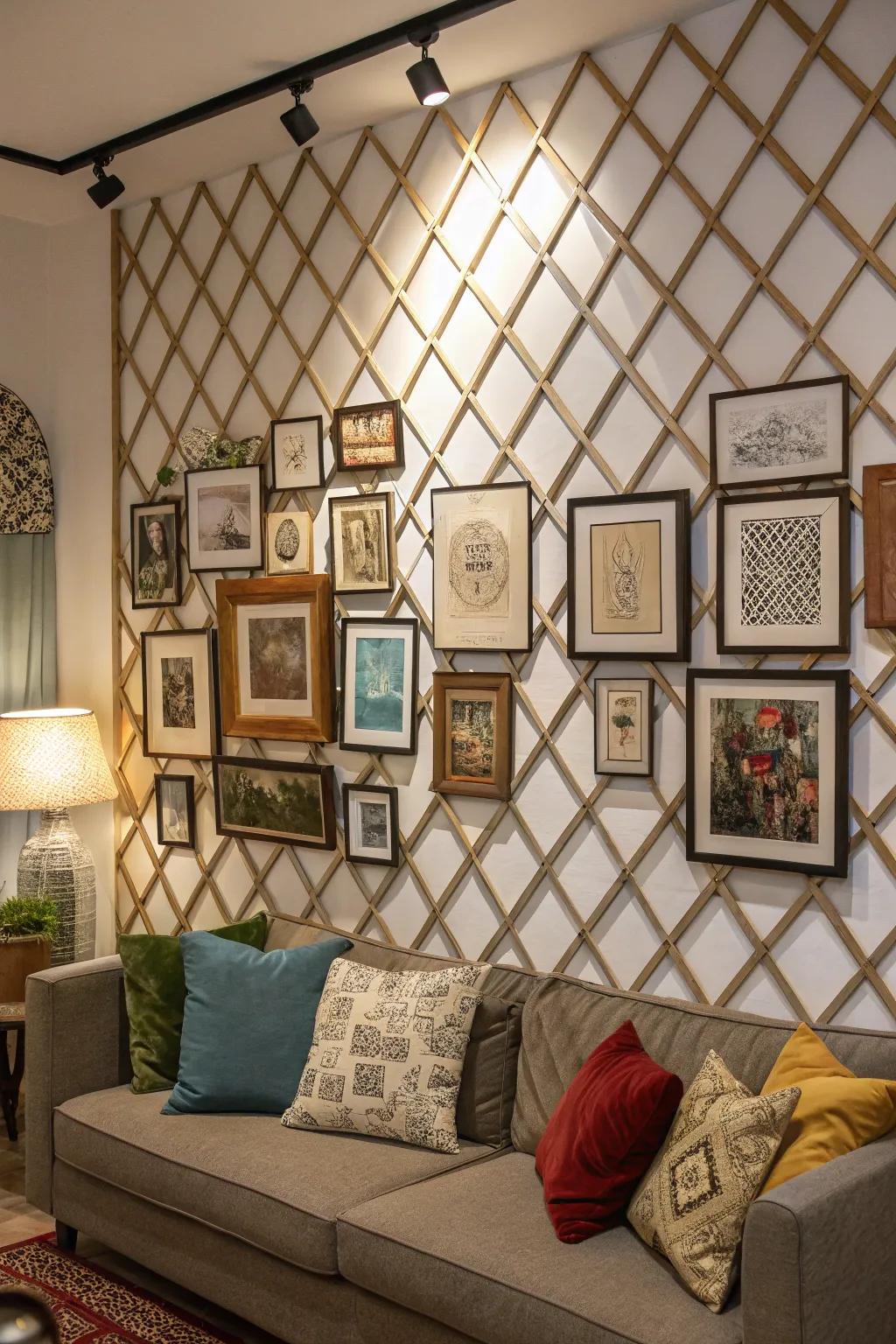 Lattice element doubling as a detailed foundation for a gallery of artwork.