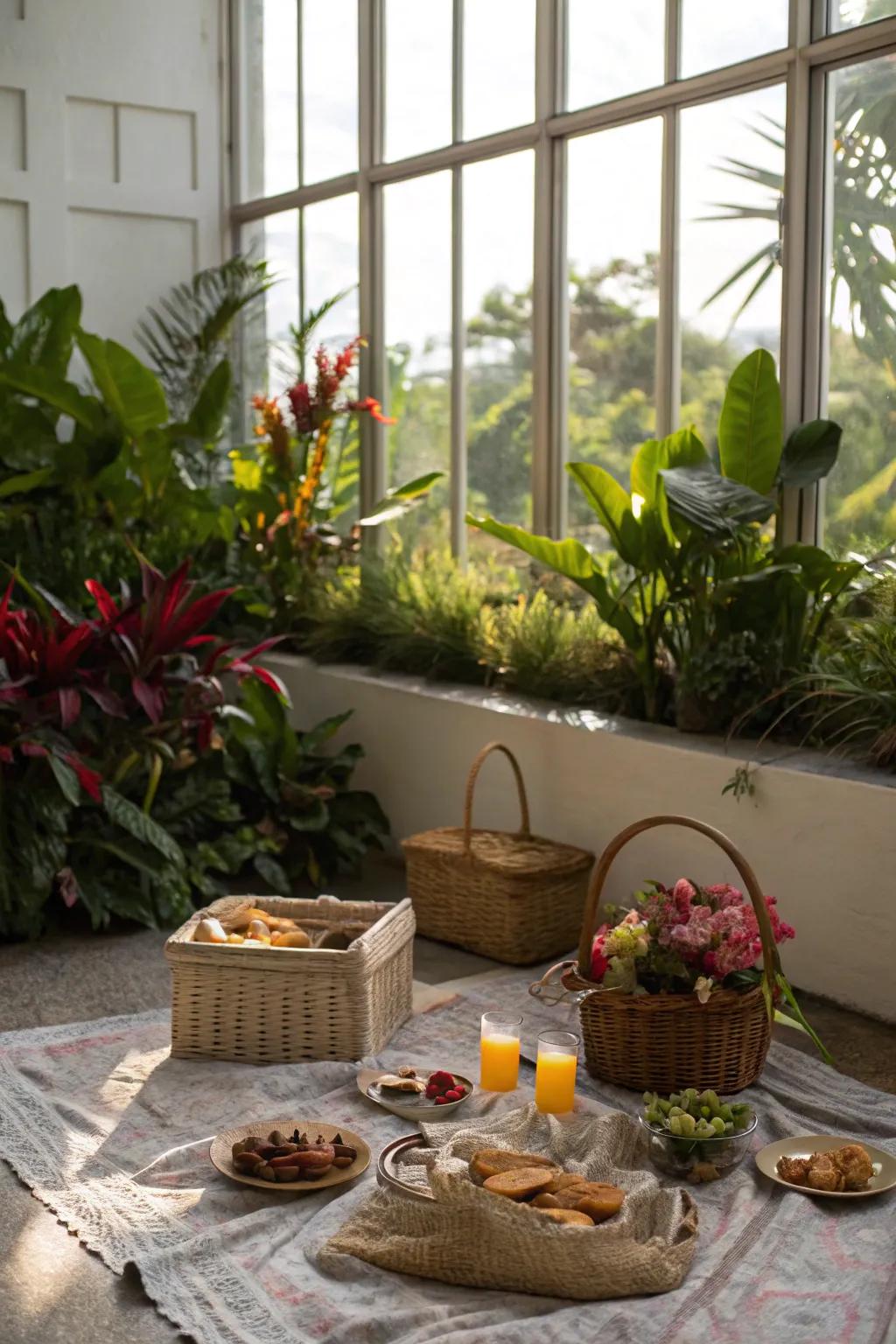 A scenic window view alongside houseplants enhances the picnic delight.