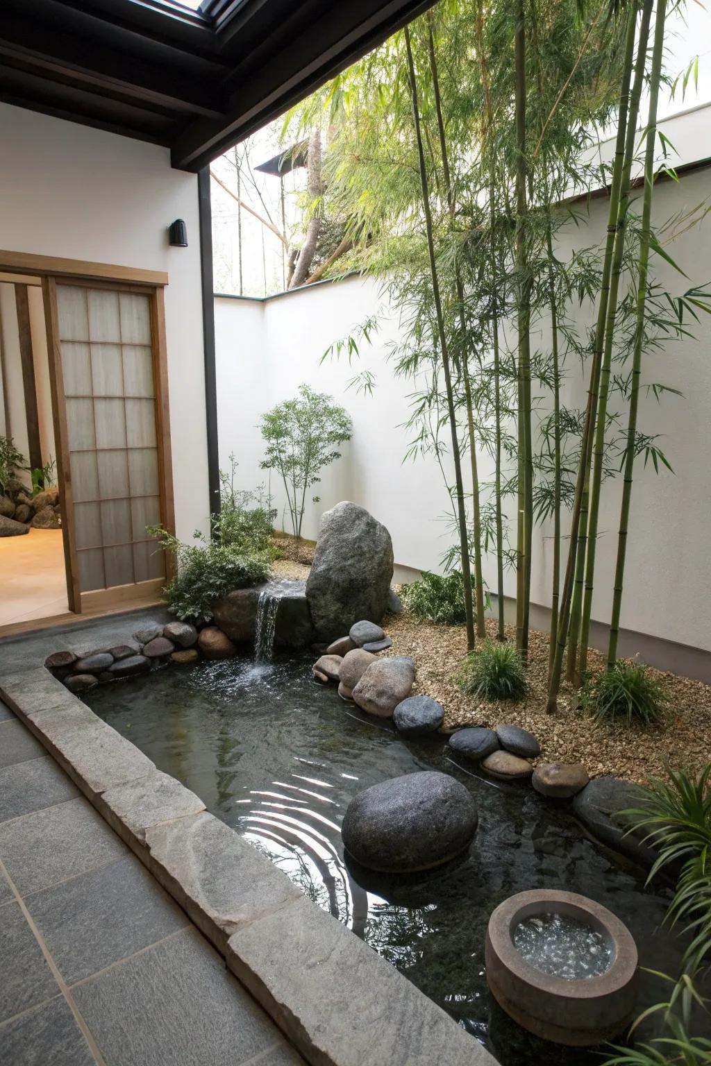 A Zen garden pond introduces calmness indoors.