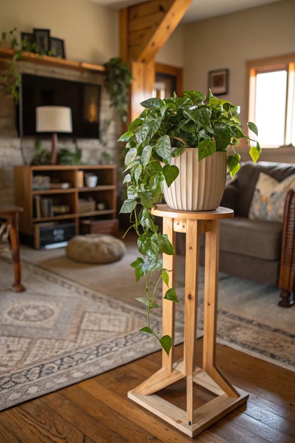Showcase earthy allure with timber pedestals for radiant creepers.