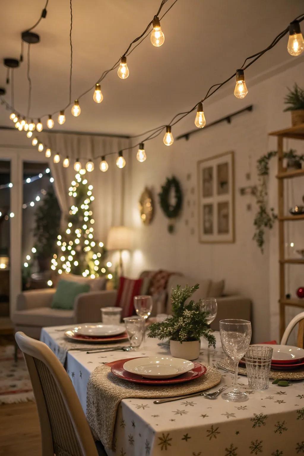Set the stage for a memorable dining experience with festive decorative mini-lights above your table.