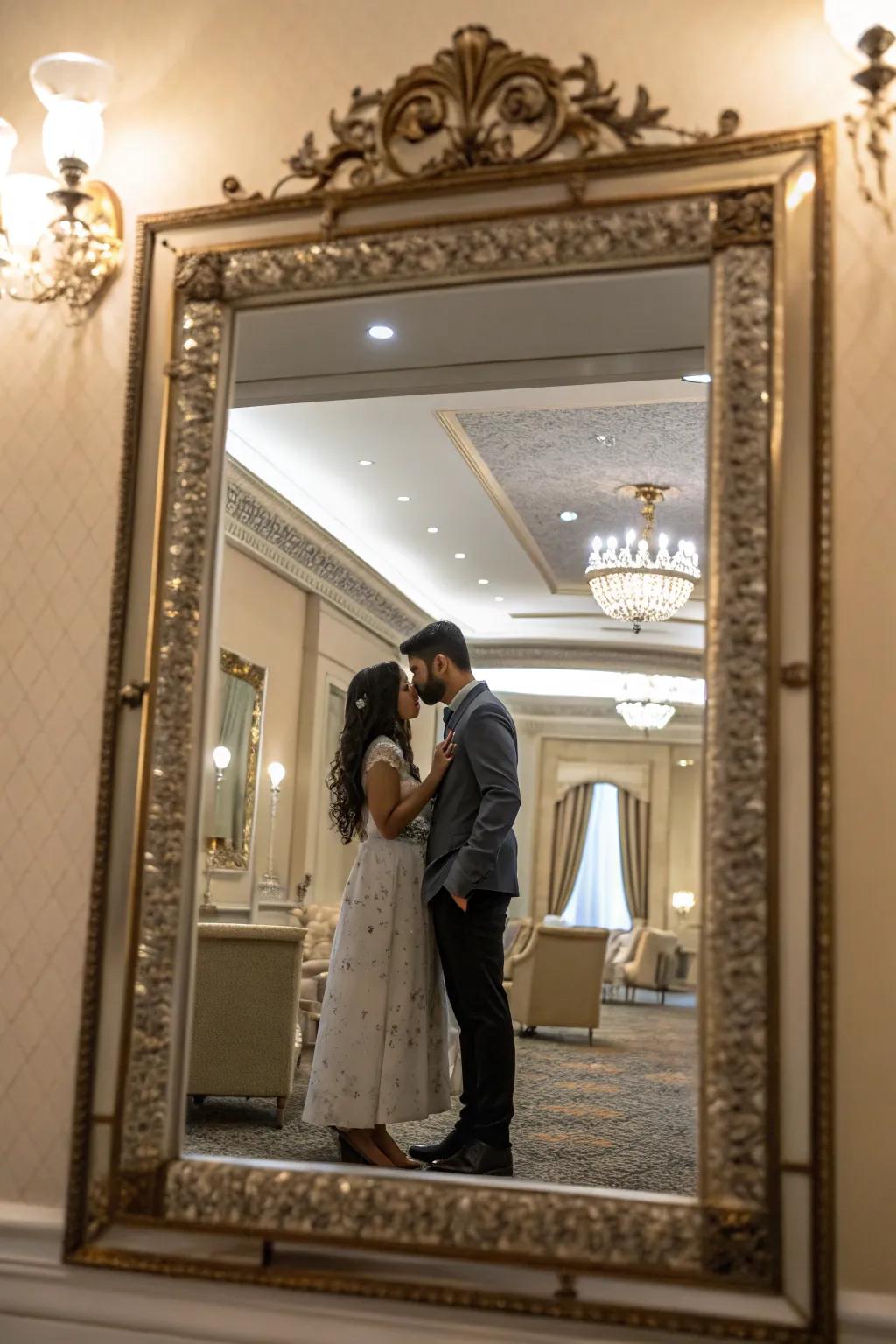 Reflections add dimension and intrigue to wedding pictures.