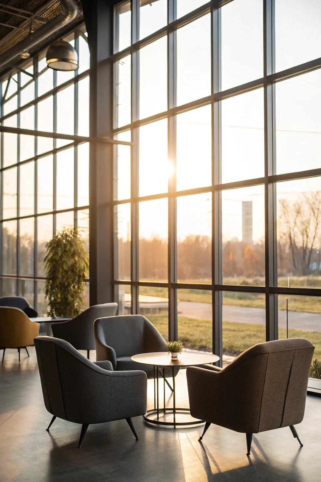 Expansive windows saturate the area with natural light, underscoring the industrial sensation.