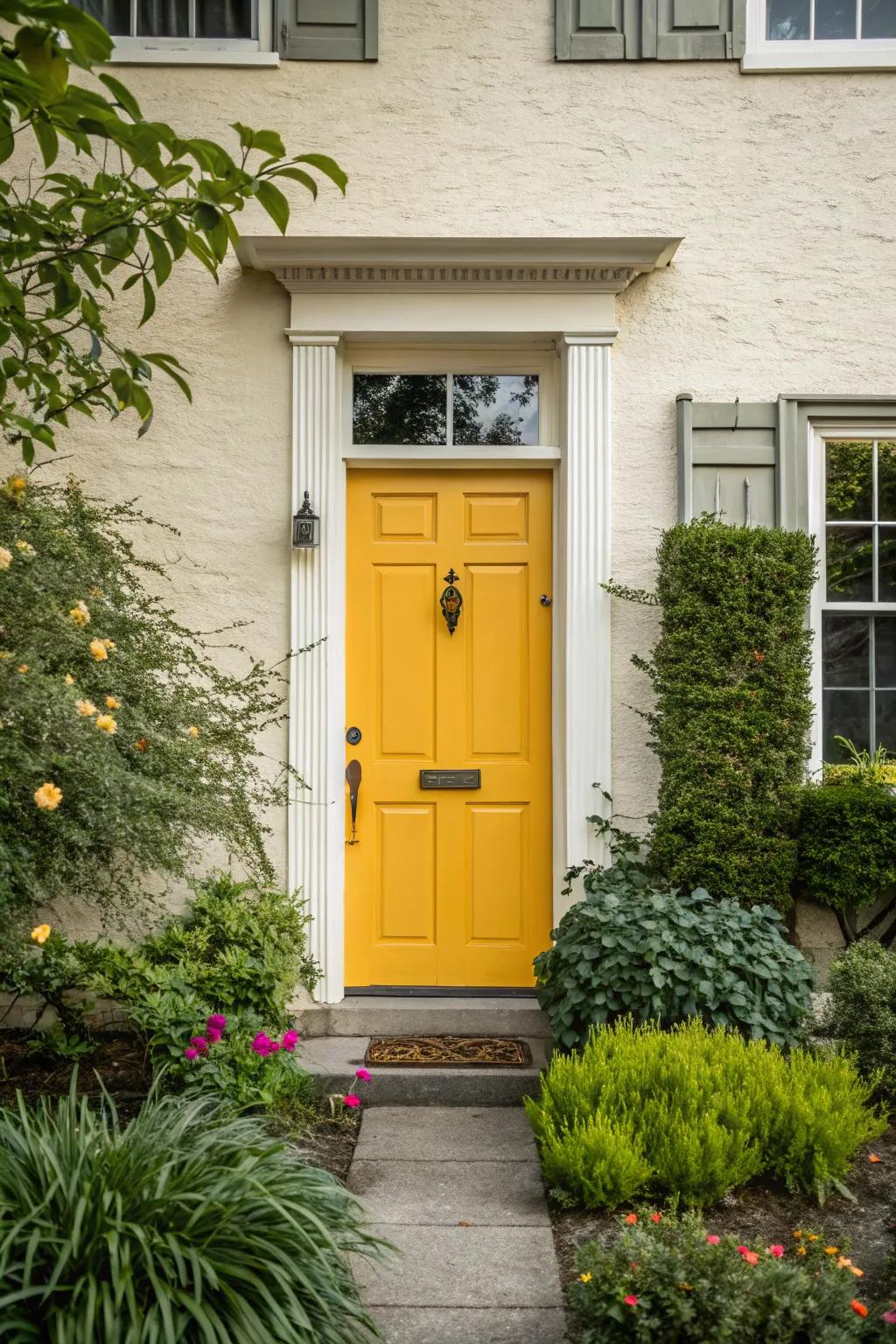 A bold color selection ensures this inset front door commands attention beautifully.