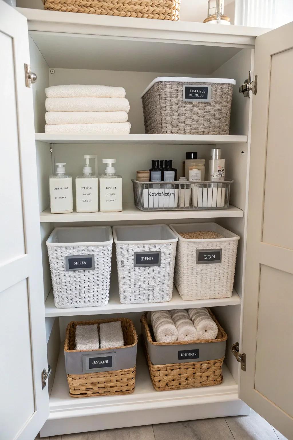 With baskets and bins, every item in your cabinet finds its place, beautifully sorted.