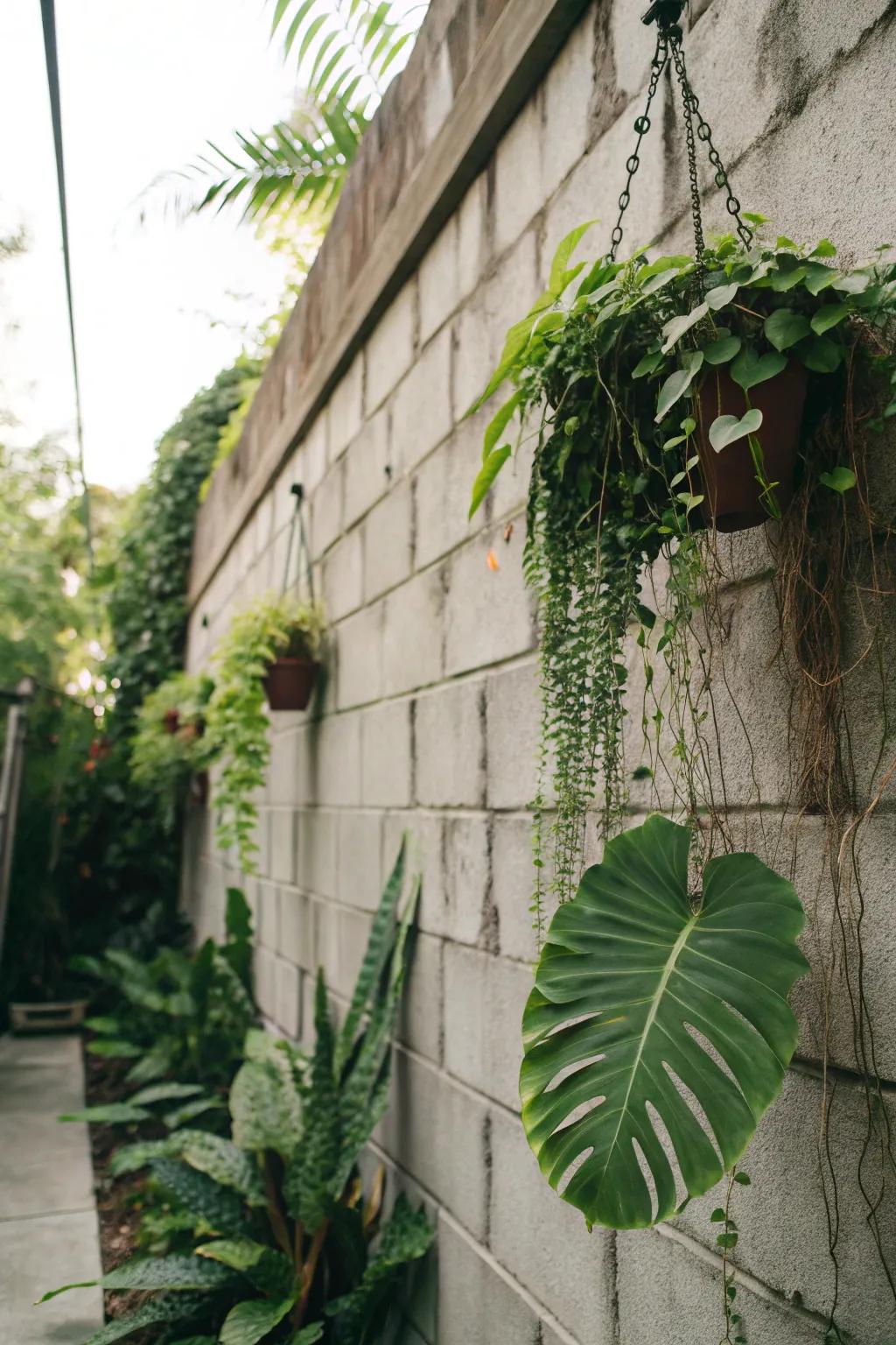 Lively greenery infuses life into a cinder block wall.