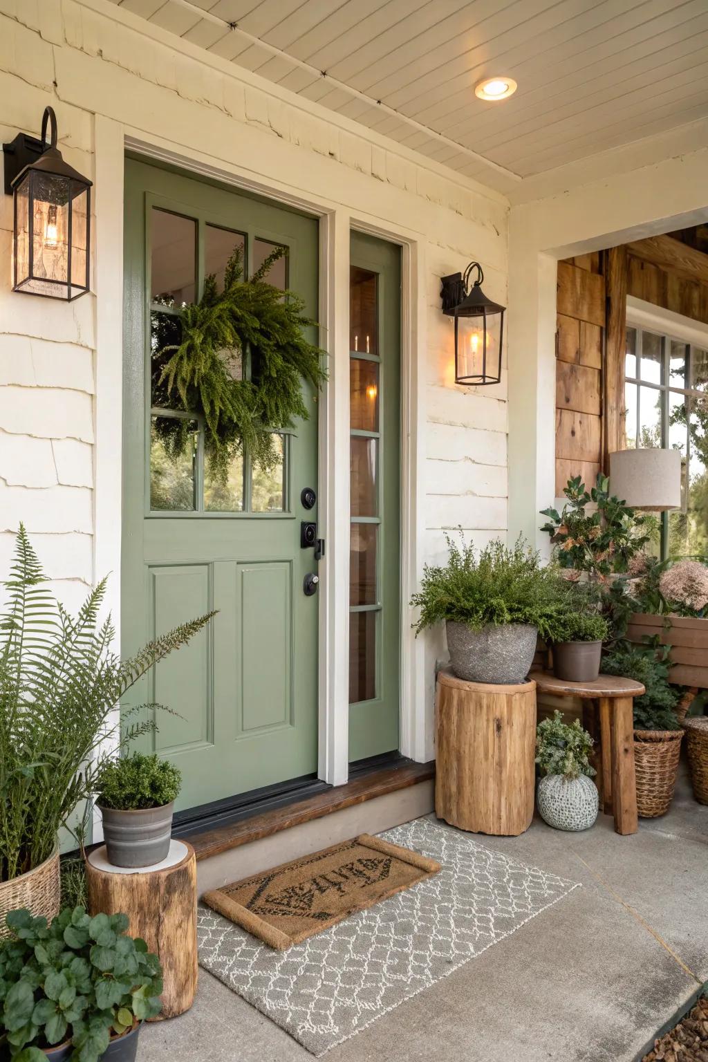 Pale green door imparts a serene ambiance in the entryway.
