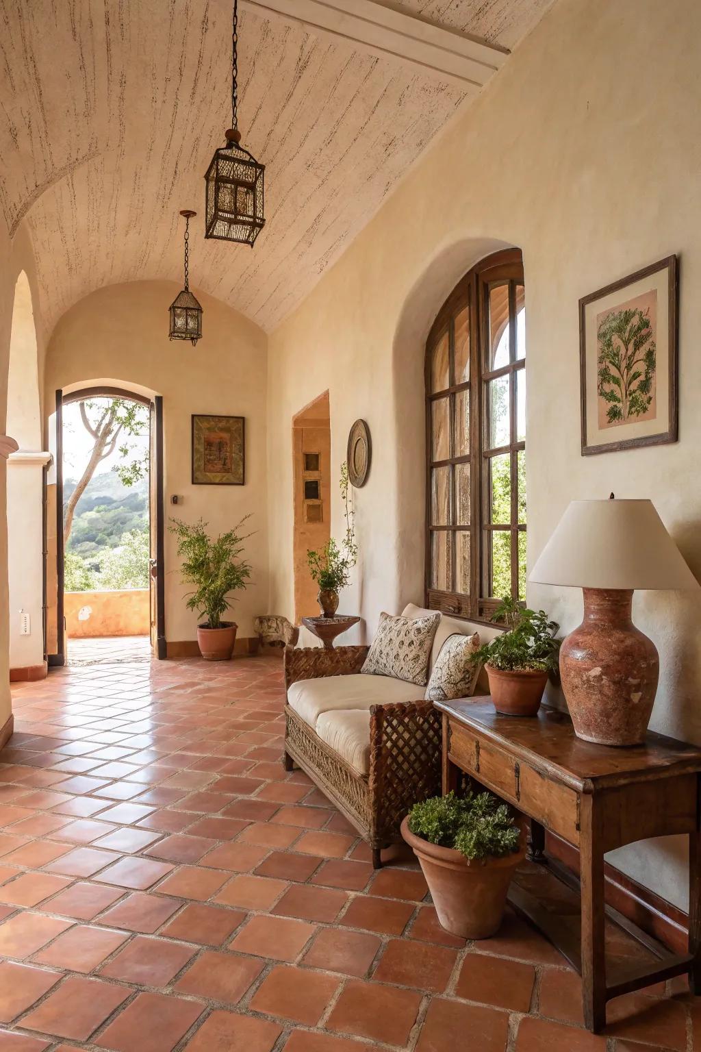 Grounded colors foster a warm and inviting atmosphere reminiscent of the Mediterranean.