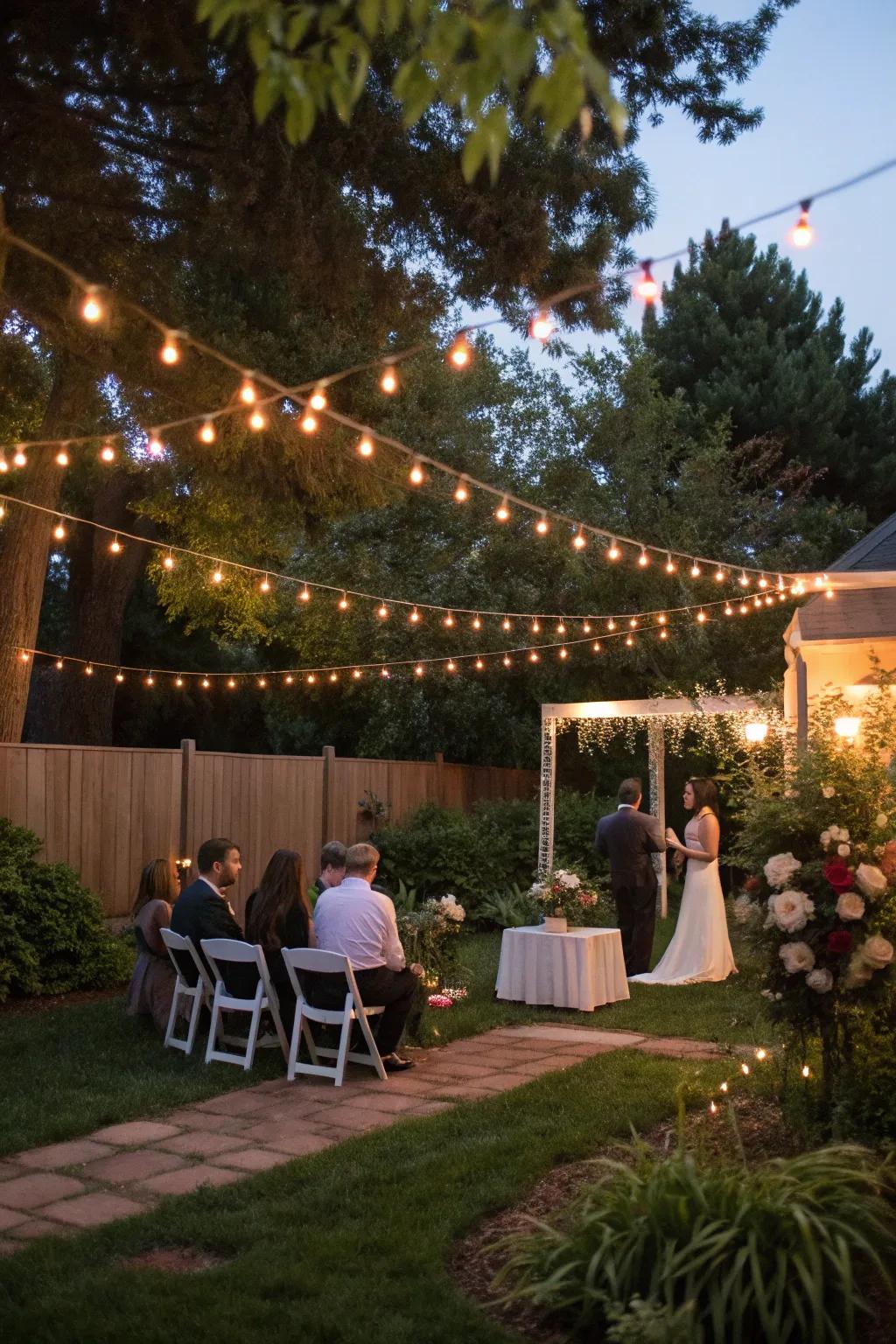 Delicate lights spread a comfortable radiance throughout a backyard wedding.