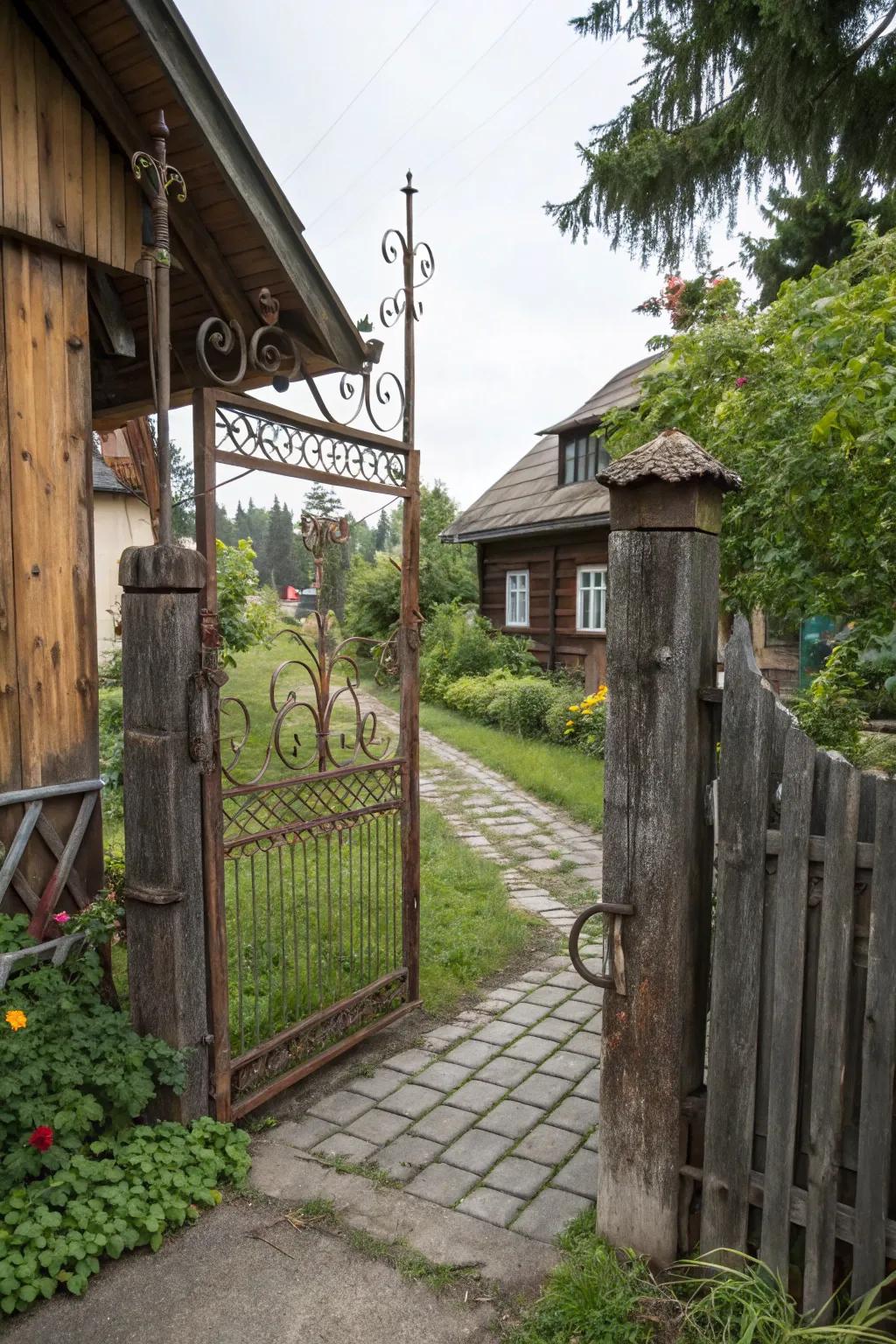 A mixed-material iron and wood entrance with rustic charm.