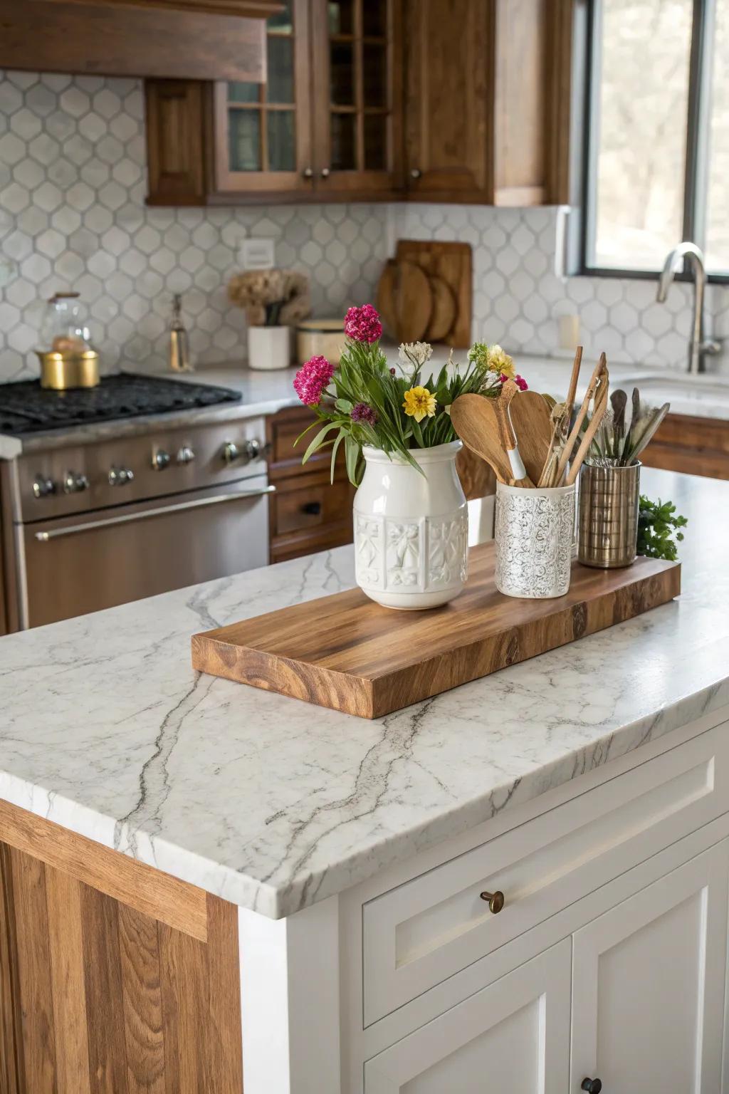 A mix of materials adds both functionality and visual interest to a kitchen island.