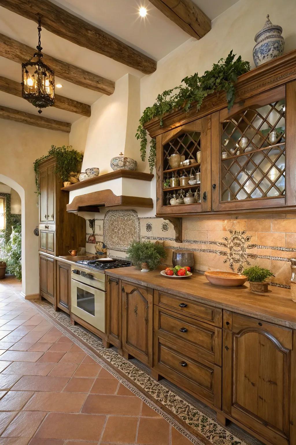 The presence of hand-carved timber millwork amplifies the artisanal sophistication of this cooking space.