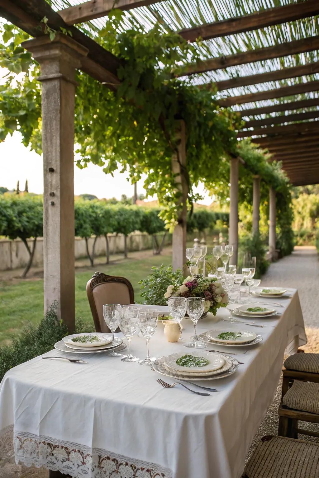 An open-air dining space with exquisite table arrangements converts each meal into a delightful experience.