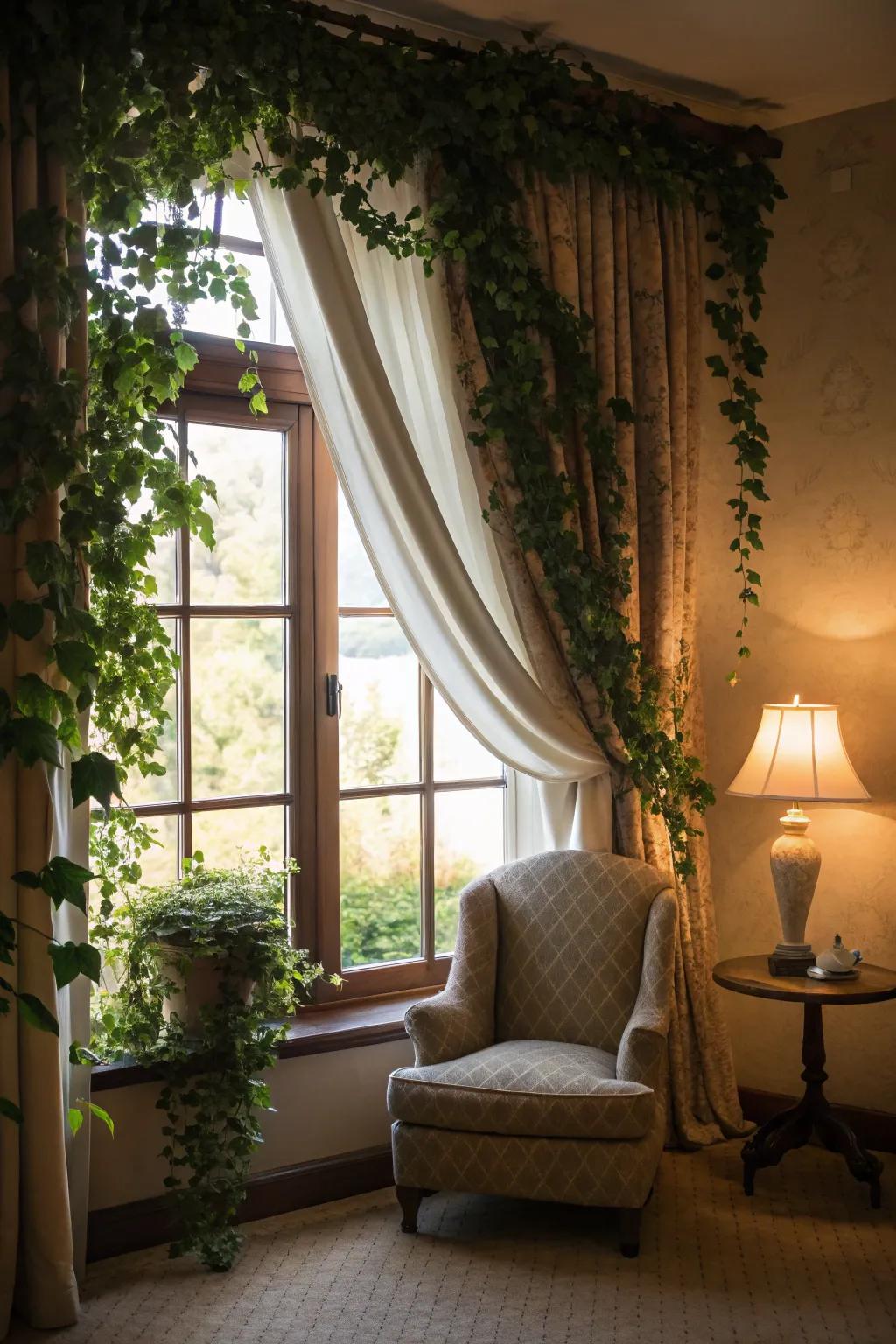 Elegant botanical swag framing a window, achieving a soft and natural aesthetic.