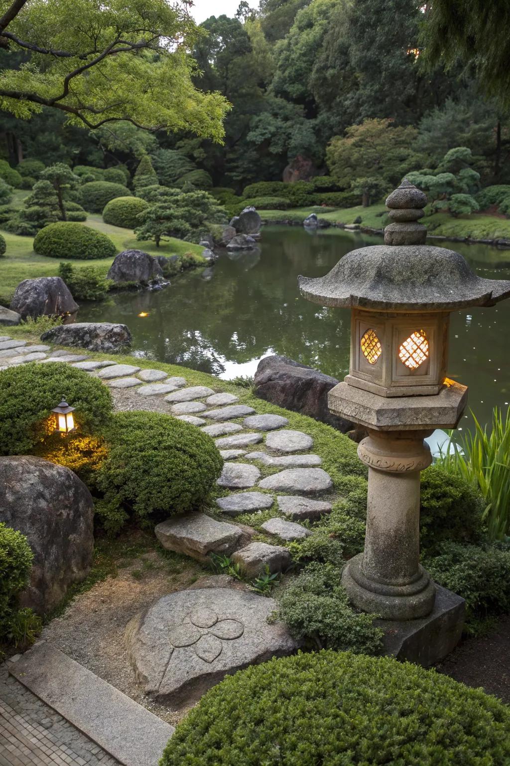 A traditional stone light enhancing the garden's charm.