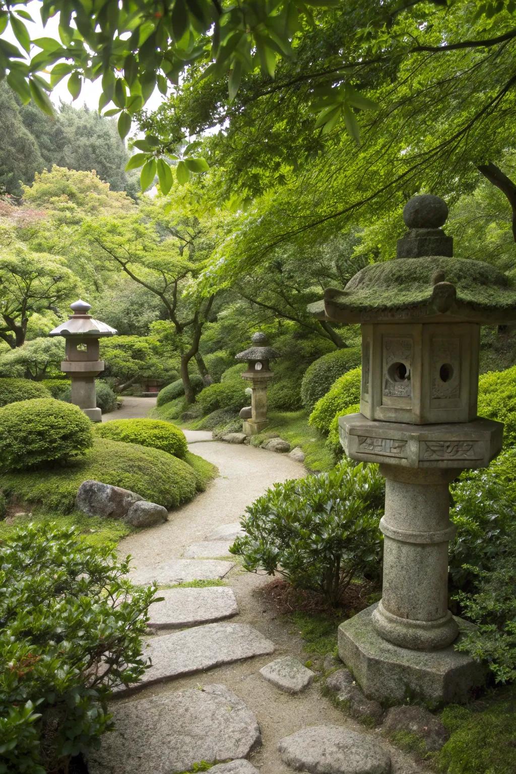 Classic stone luminaries nestled among the foliage in a Japanese garden.