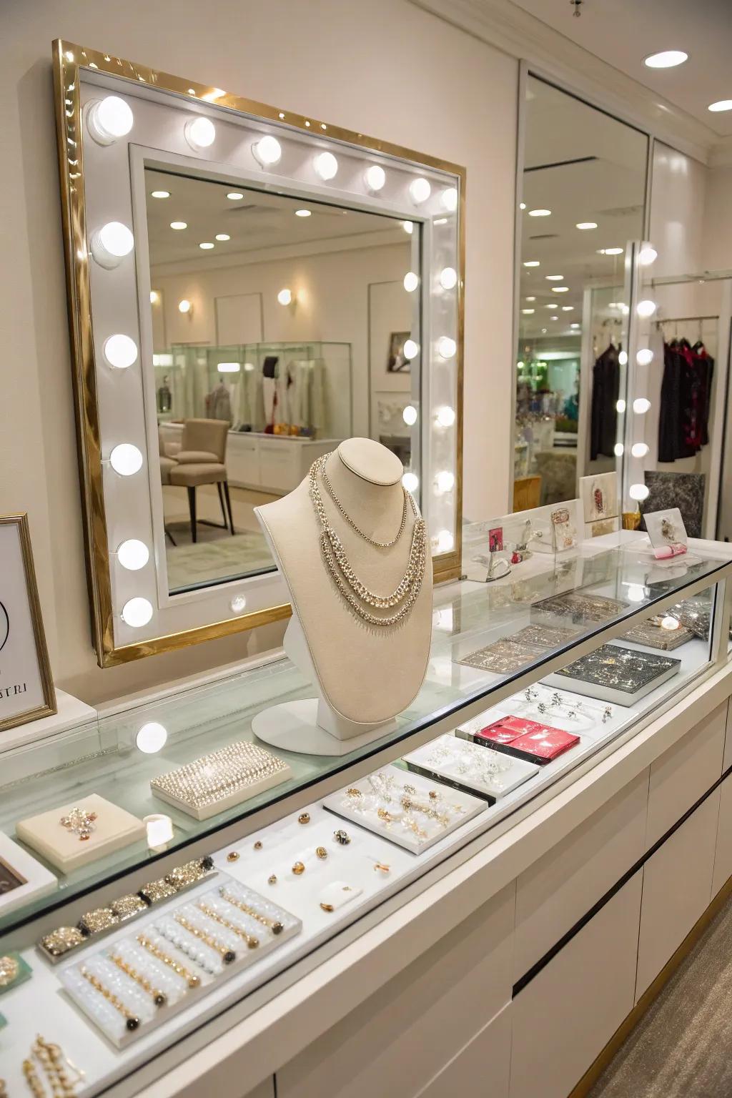 Hands-on display with mirrors boosts shopper involvement.