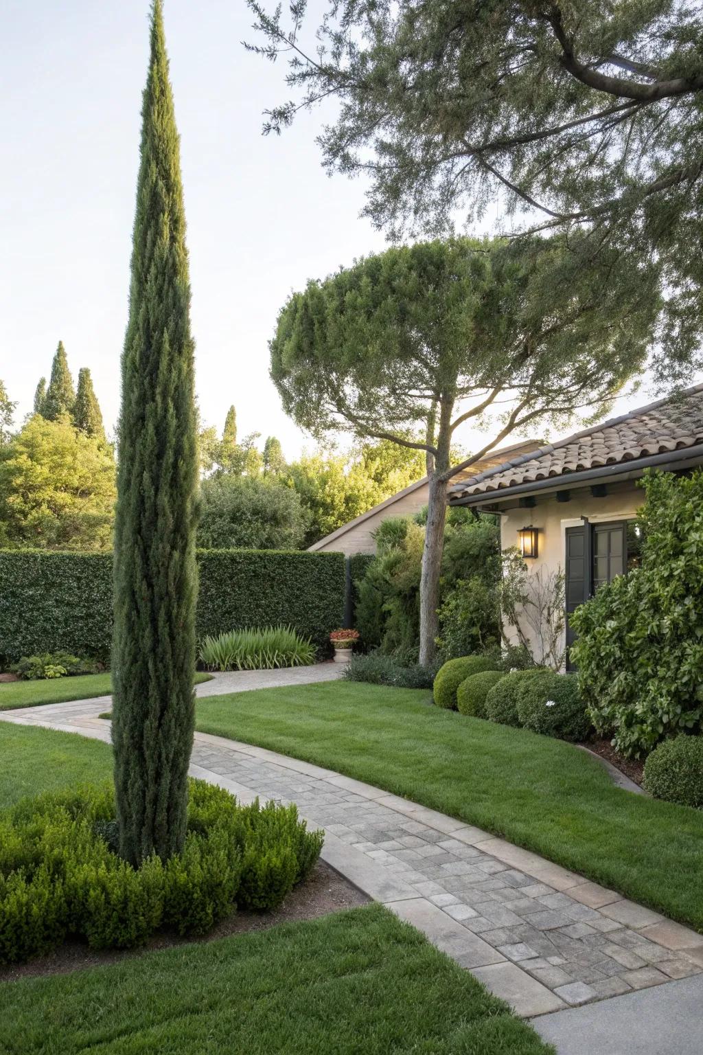 A towering juniper serving as a striking front yard focal point