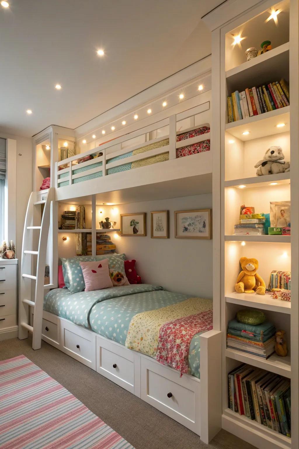 Bunk beds that make good use of space in shared kids' rooms.