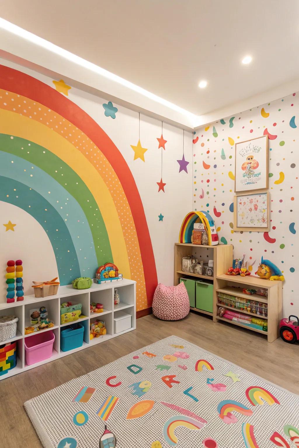 A vibrant playroom featuring rainbow-colored wallpaper, ideal for encouraging joy and creativity.