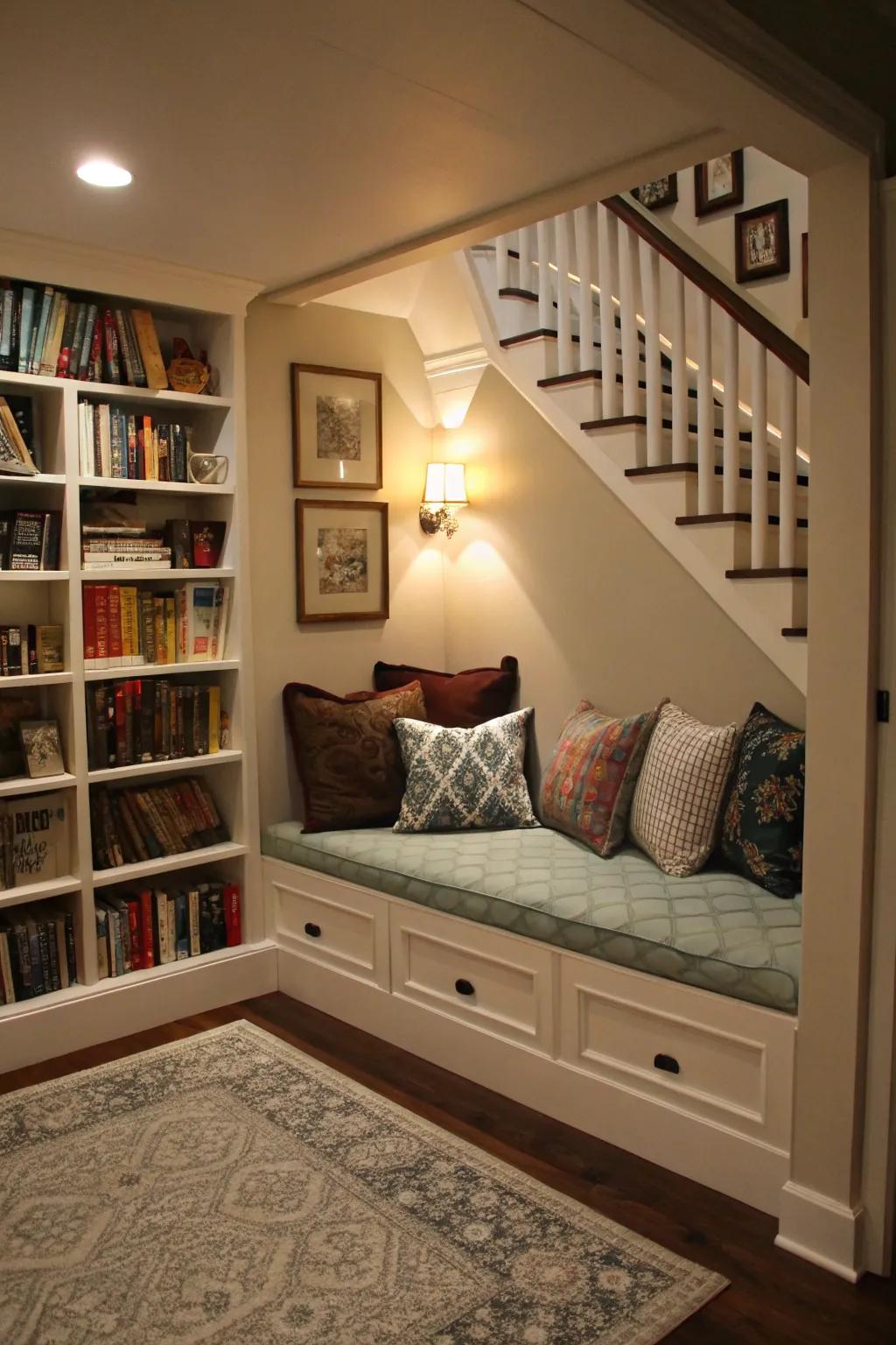 A cozy under-the-stairs reading nook, ideal for secret reading adventures.