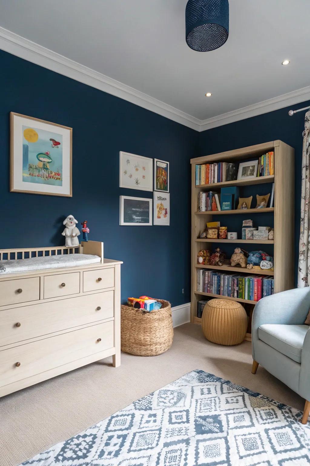 Deep sea walls paired with light furniture create a classic contrast.