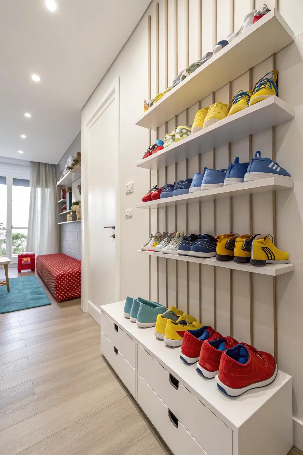 Showcase shoes creatively using wall-secured shelves.