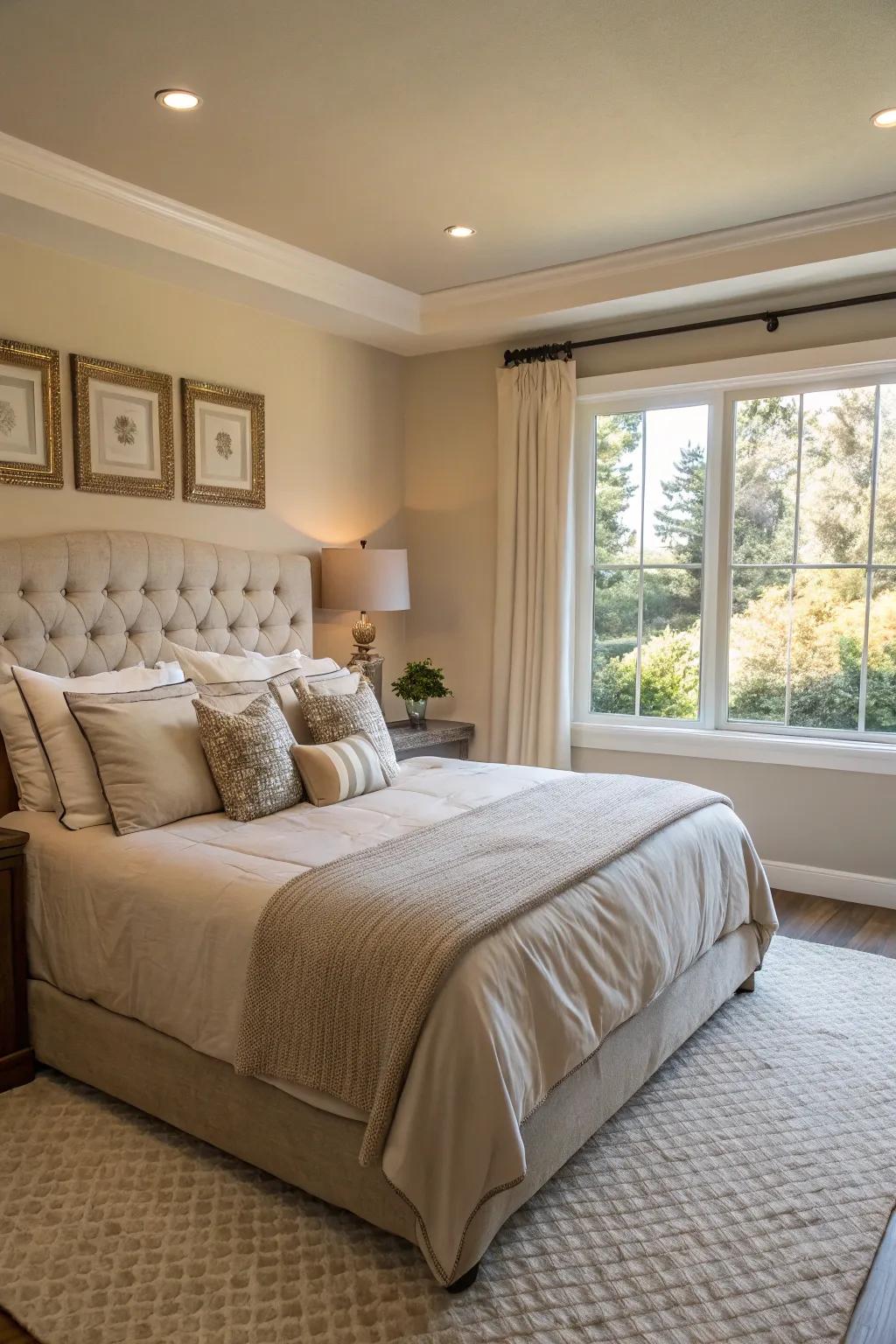 Harmonious neutral tones bring a sense of calm and sophistication to this king-sized bed.