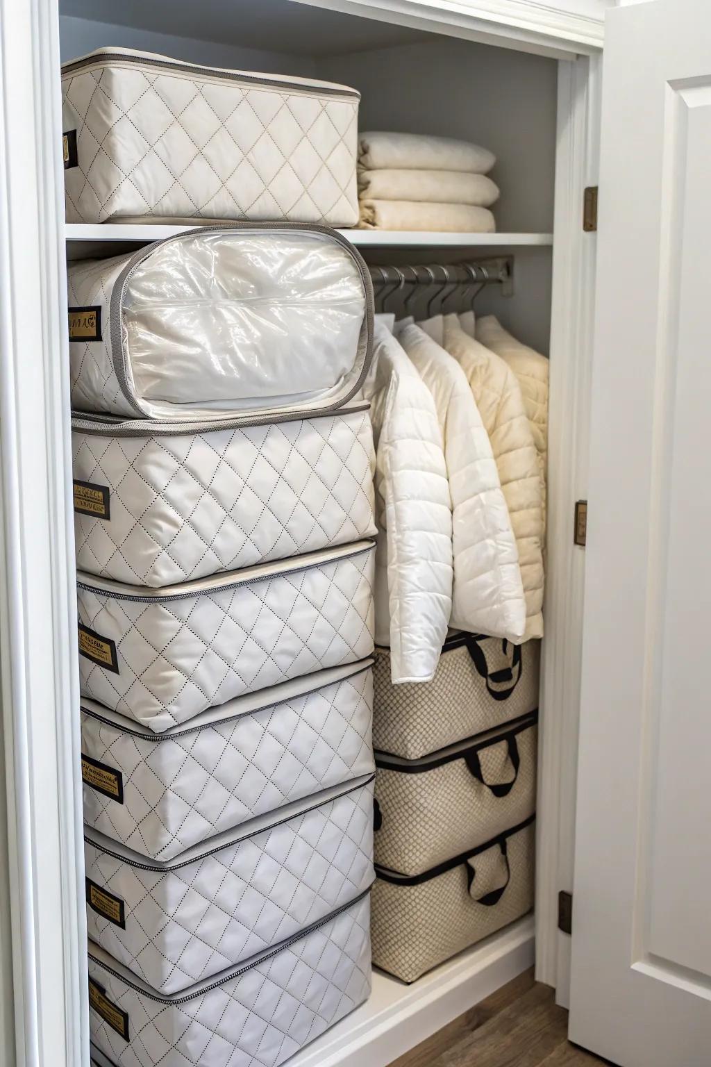 Stackable bags provide an organized and effective storage solution.