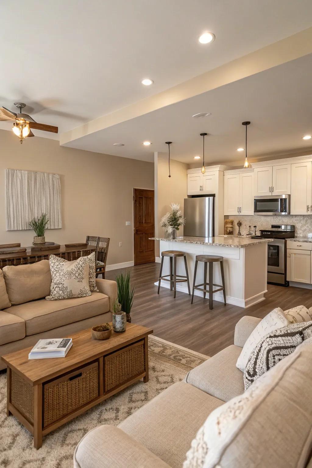Neutral shades establish a calm and cohesive environment.